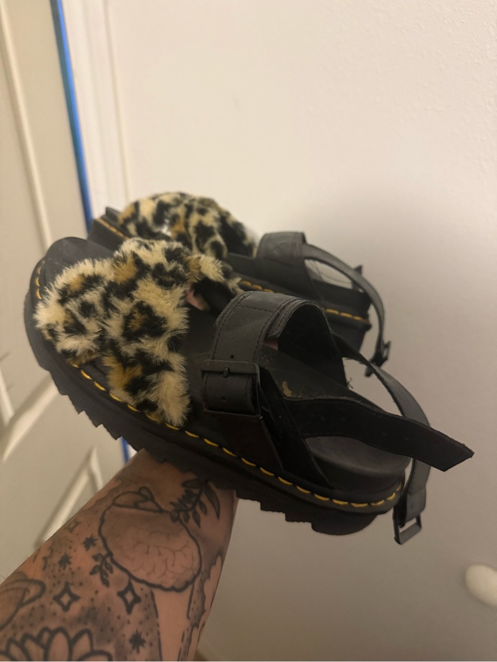 Dr. Martens Black Sandals with Leopard-Print Fur